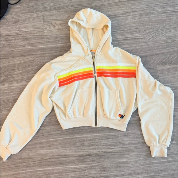 SOLD Aviator Nation: 5 STRIPE HOODIE & WIDE LEG SWEATPANTS -VINTAGE WHITE NEON - Picture 3 of 10